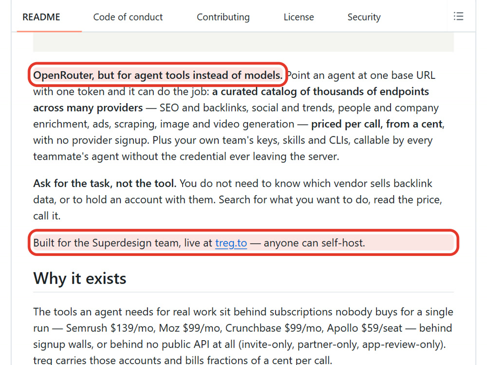 README 첫 문단 — OpenRouter, but for agent tools, anyone can self-host