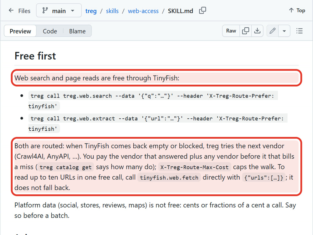 web-access SKILL.md 'Free first' — 웹 검색과 페이지 읽기는 TinyFish로 무료