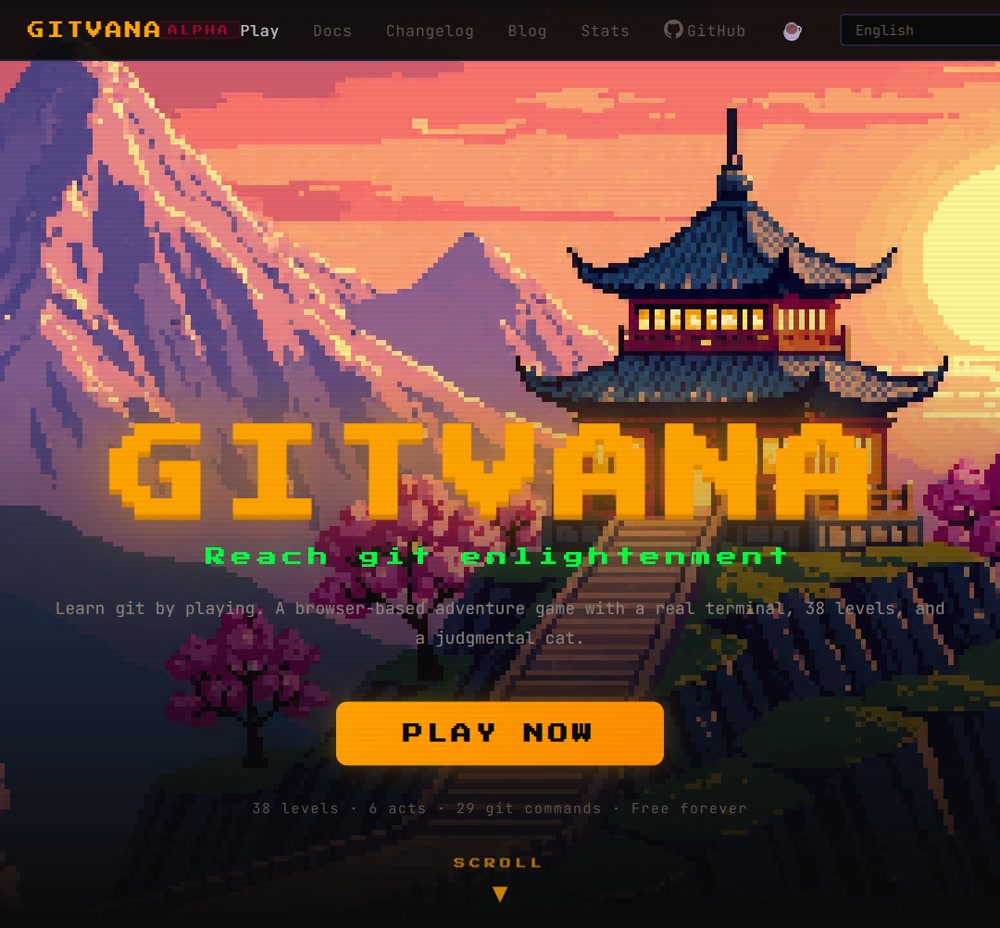 Gitvana 첫 화면 — ALPHA 표시, PLAY NOW