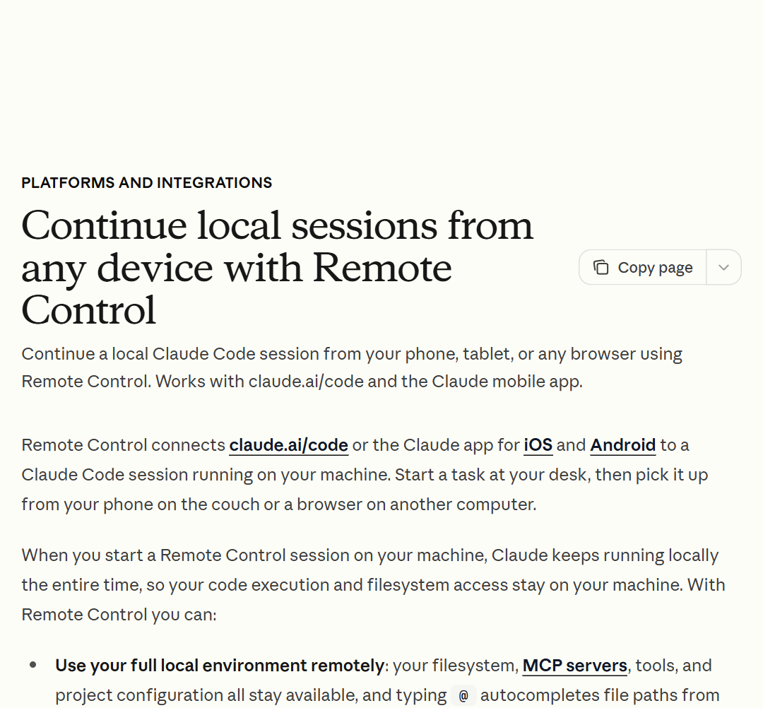 공식 문서 'Continue local sessions from any device with Remote Control' (2026-10-26)
