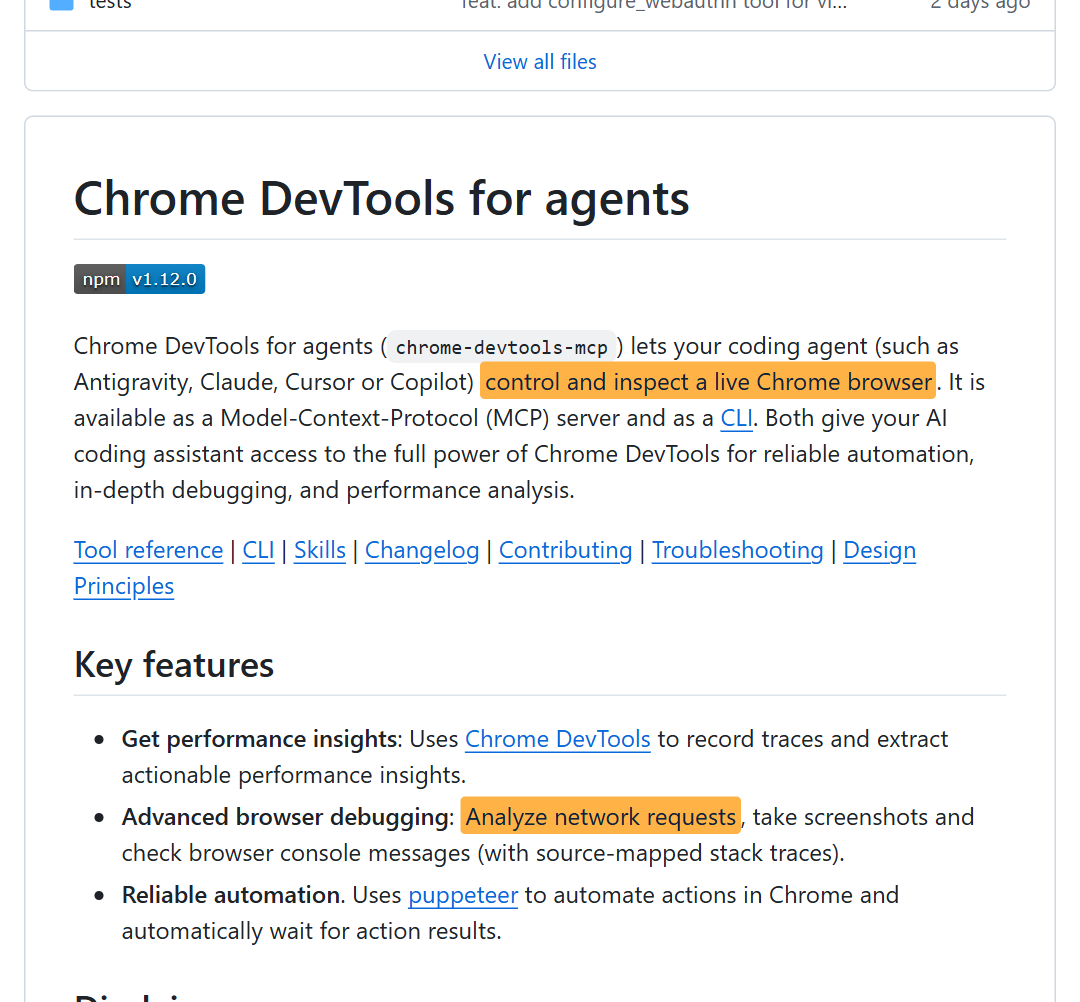 구글 크롬 팀(ChromeDevTools) 공식 저장소. "control and inspect a live Chrome browser" (2026-10-26)