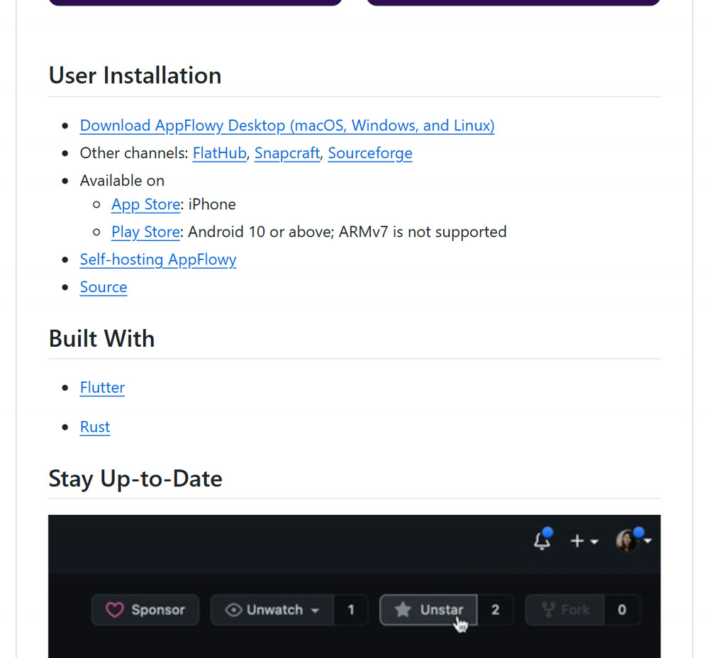 AppFlowy README의 User Installation