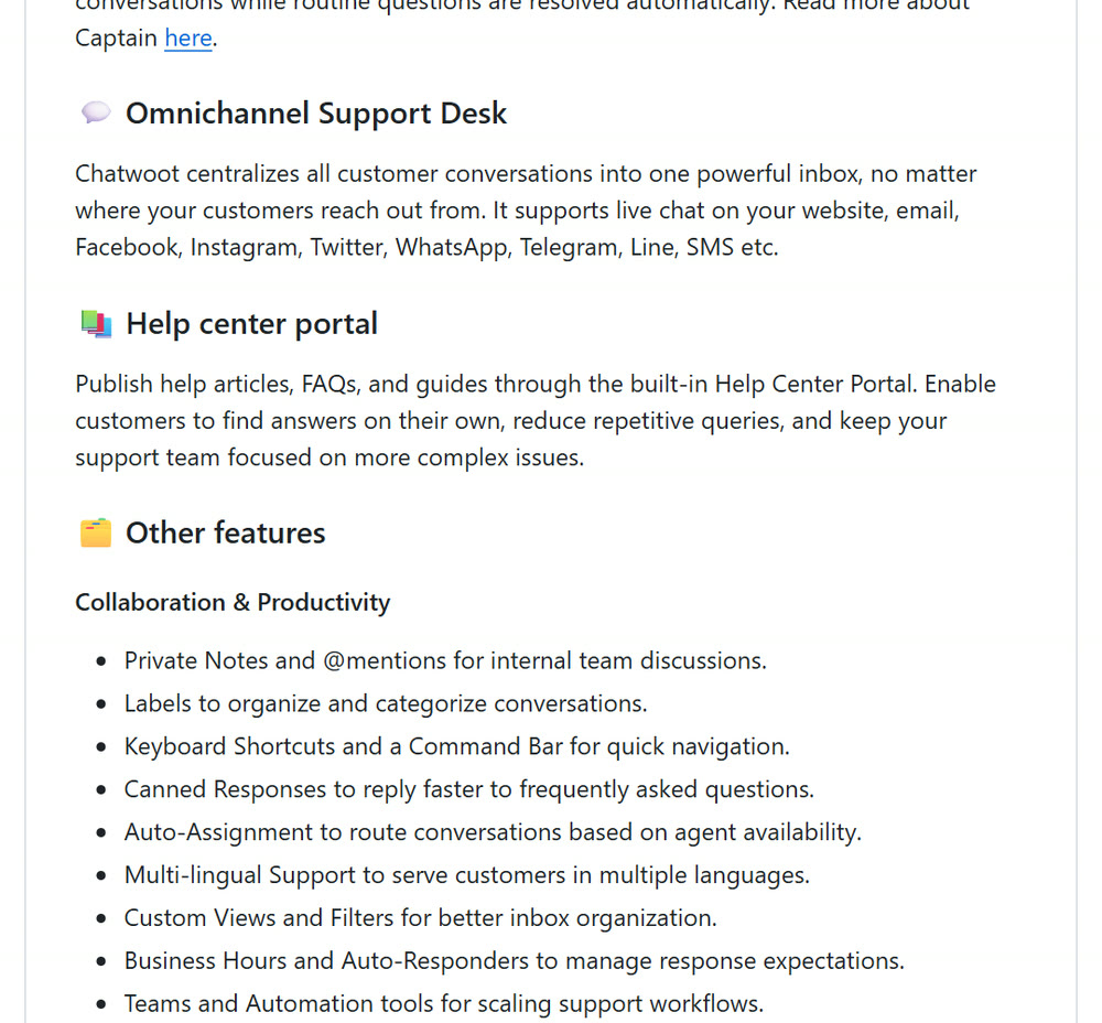 Chatwoot README의 Omnichannel Support Desk