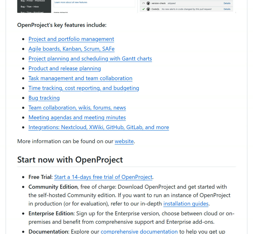 OpenProject README의 key features