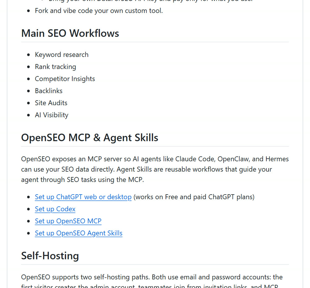 OpenSEO README의 Main SEO Workflows